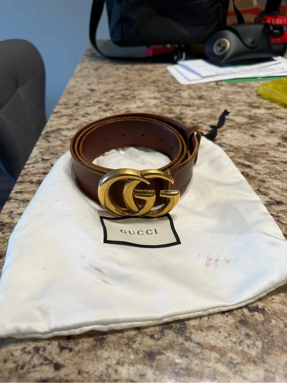 Gucci Brown Leather Belt with Gold Double G Buckle